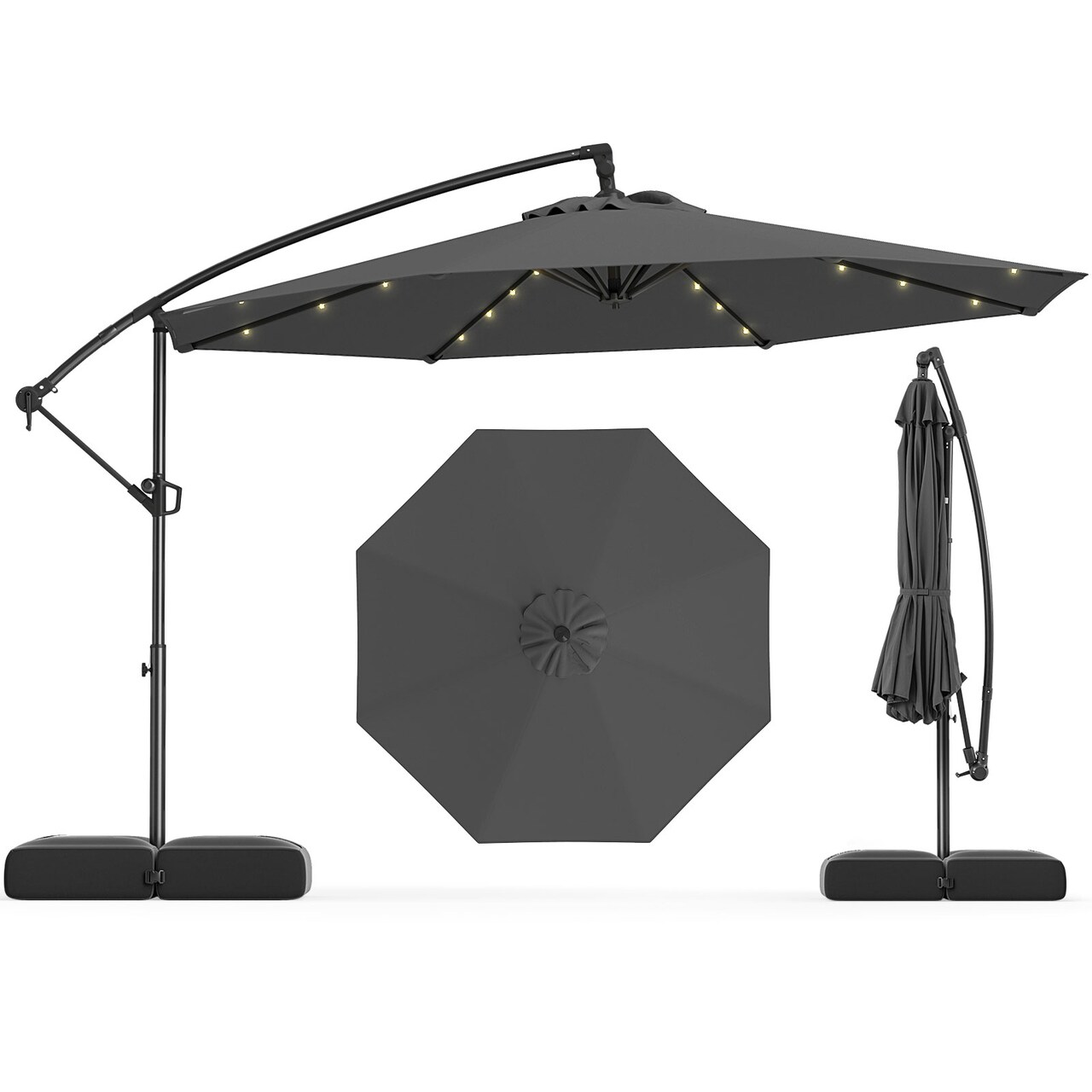 Dyed Polyester LED Offset Hanging Umbrella, 10x8.5 ft, 360 Tilt and Base